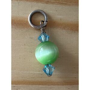 Green Moonglow Beaded Pendant Charm With Blue Crystal Accents & Metal Loop